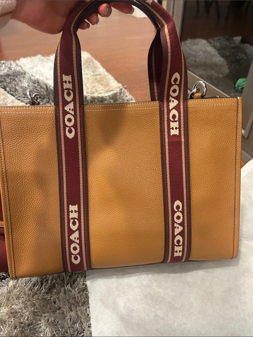 COACH Amber Pebbled Leather Tote with Burgundy Logo Straps
